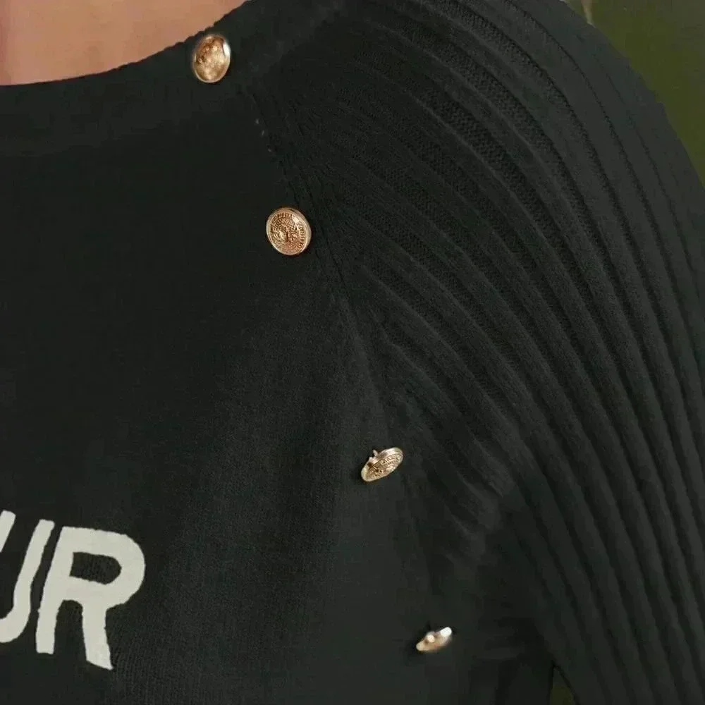 Black Preppy Womens Letter Graphic Button Detail Raglan Sleeve Sweater